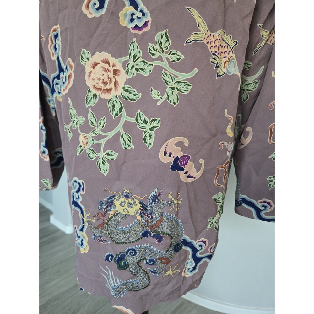 Harari Silk Asian Dragon Print Art Flowy Banded Collar Button Tunic Top Sz S - Picture 16 of 16